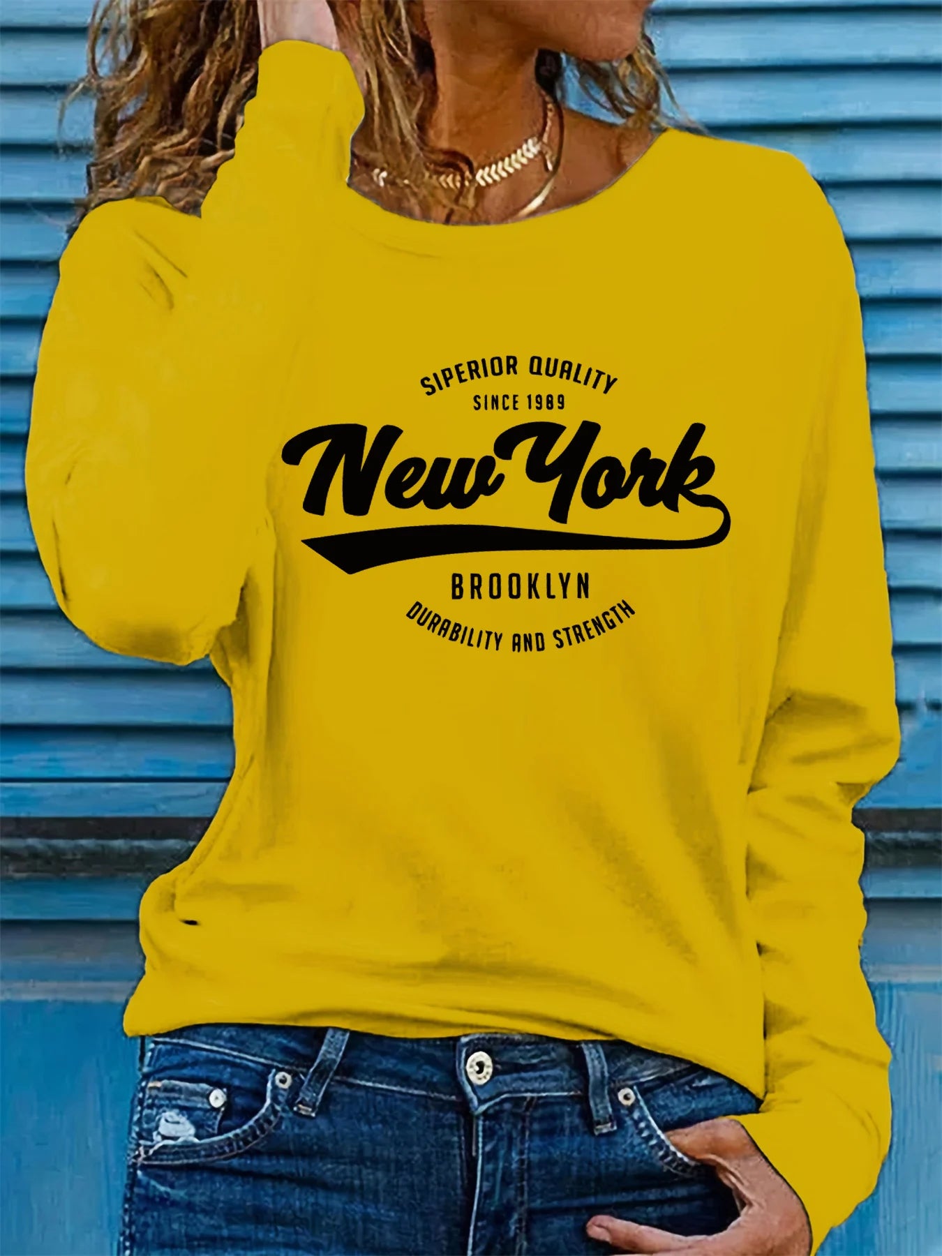 100% pure cotton women's spring and autumn loose and comfortable NEW YORK letter pattern printed long sleeved round neck T-shirt