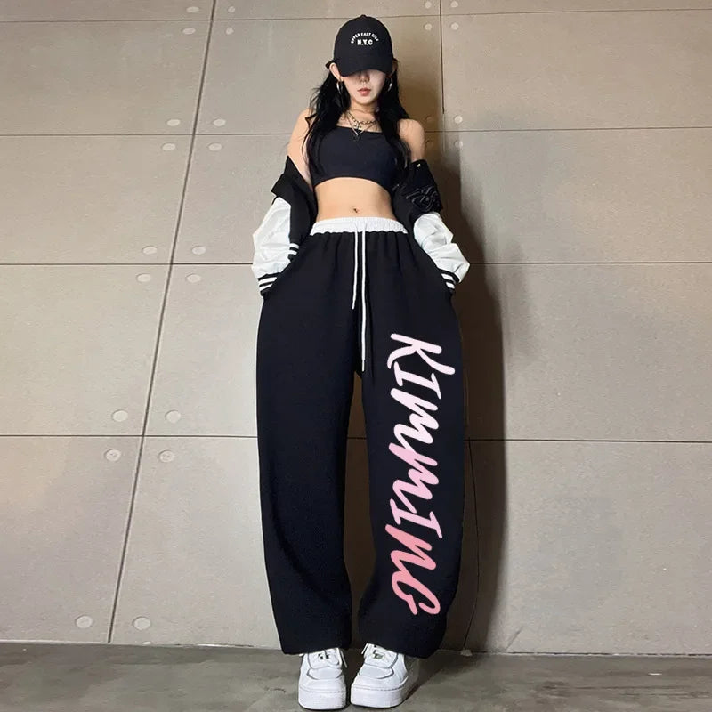 Korean Y2K Streetwear White Jogging Sweatpants Women Harajuku Sports Pants Oversized Hip Hop Letter Wide Leg Trousers