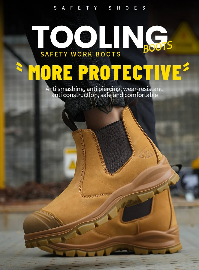 Genuine Leather Work Safety Boots For Chelsea Boots Men Shoes European Standard Protective Boots Cowhide Indestructible Shoes