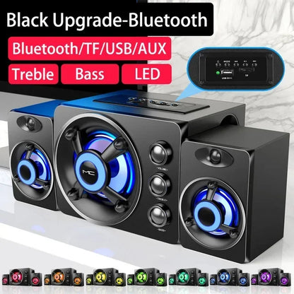 Powerful Bluetooth Speakers Colorful LED Home TV Theater Sound Wireless Subwoofer 3D Stereo Surround Wooden Material USB Wired