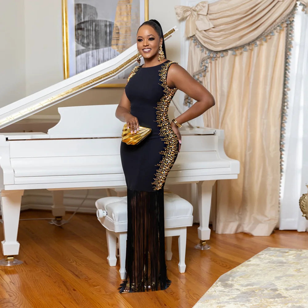 CM.YAYA Fall Diamonds Hot Rhinestones Tassel O-neck Women Sleeveless Bodycon Long Dress Birthday Party Evening Prom Maxi Dresses