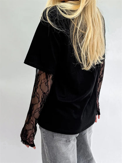 CHRONSTYLE Women Round Neck T-Shirts Lace Long Sleeve Casual Spring Fall Loose Fit Tops Solid Color Tees for Streetwear Y2K 00s
