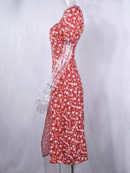 Summer Women's Red Puffed Sleeve Floral Dress,Beach Dresses For Women,Fashion Summer Dresses 2024,Womans Clothing,Long Dresses