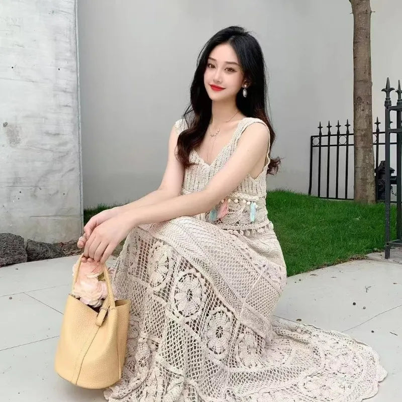 Bohemian Style Hollow Out Crochet Gentle Elastic Waist A-word Skirt 2025 New Lace High Waist Thin Hip-wrapped Skirt