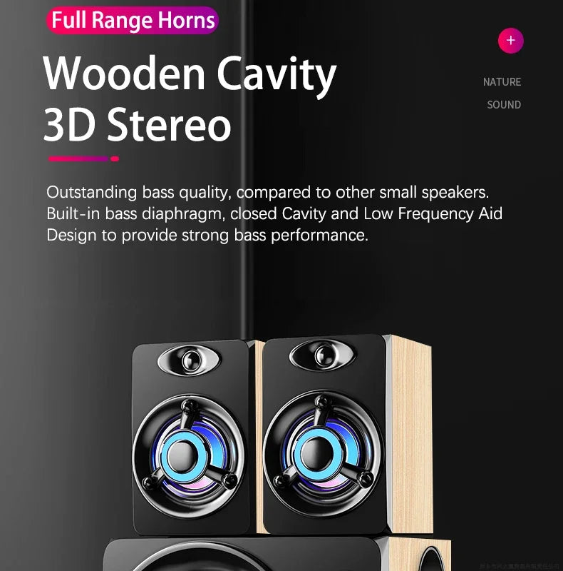 Powerful Bluetooth Speakers Colorful LED Home TV Theater Sound Wireless Subwoofer 3D Stereo Surround Wooden Material USB Wired