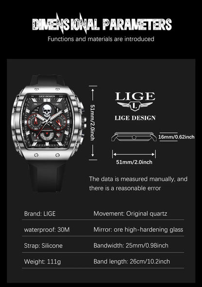 LIGE Men Watch Fashion Business Silicone Waterproof Watches for Men Military Sport Square Quartz Chronograph Relogios Masculino