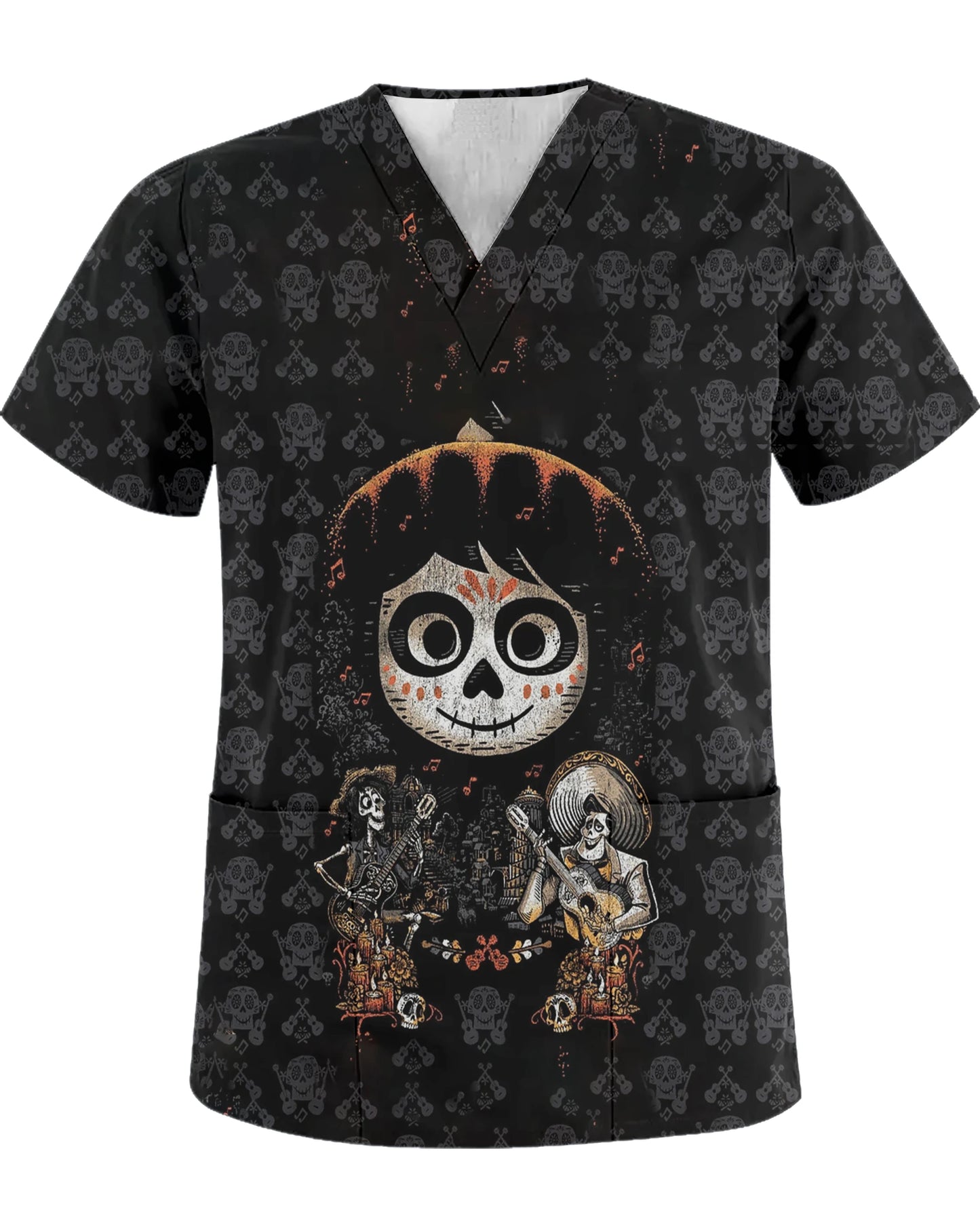 Unisex summer top scrub retro printed work clothes ophthalmology children's center v-neck top pocket t-shirt nurse uniform