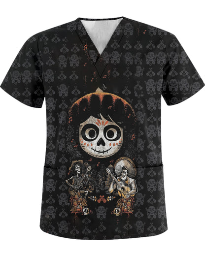 Unisex summer top scrub retro printed work clothes ophthalmology children's center v-neck top pocket t-shirt nurse uniform