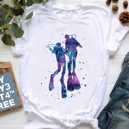 Watercolor Scuba Diving Lover Printed Sports Art Tee Shirt Femme Cute Summer Top Woman Clothes Ropa Mujer Custom Tshirt