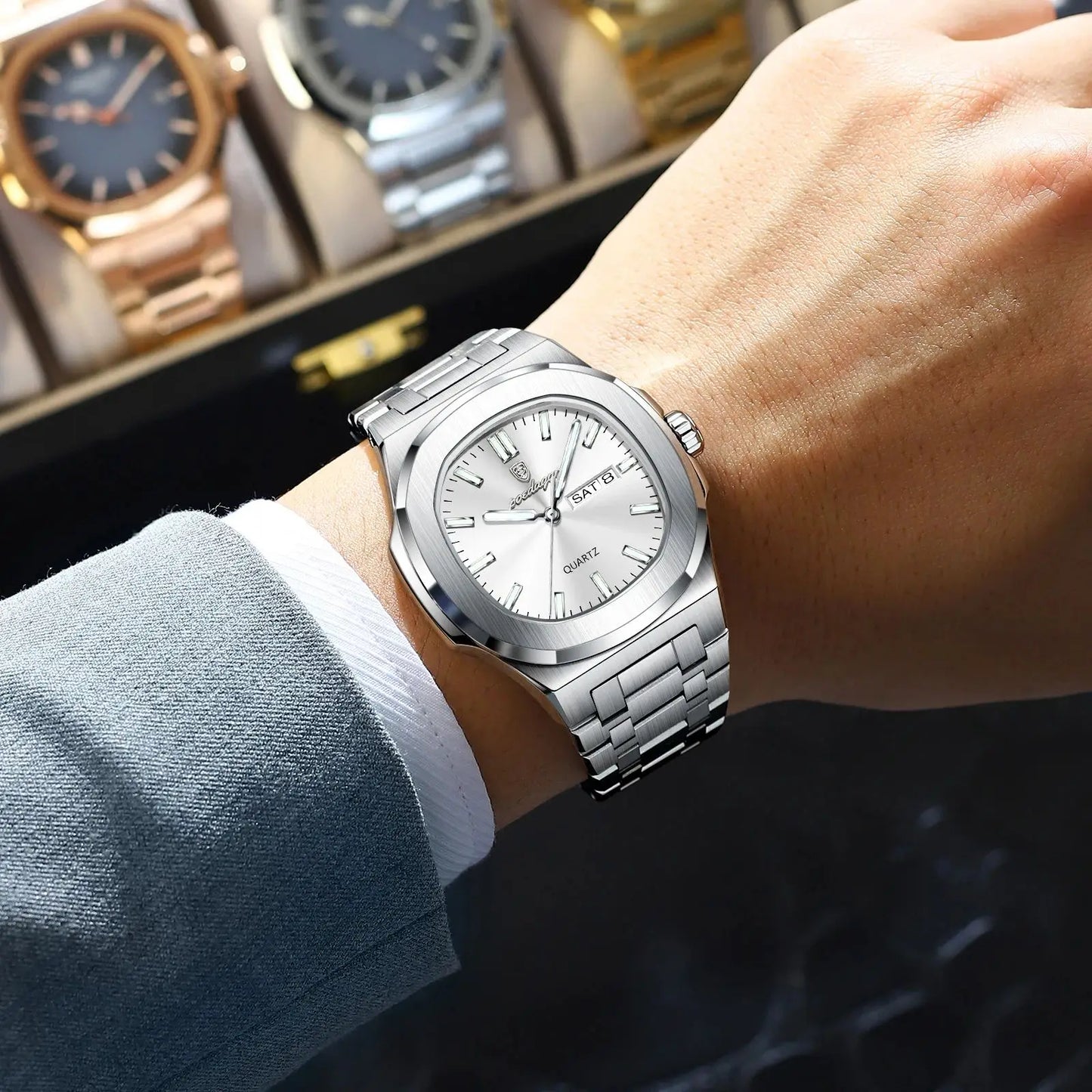 POEDAGAR Trendy Square Men's Watches Waterproof Luminous Date Week Man Clock Stainless Steel Exquisite Quartz Men Wristwatch+Box