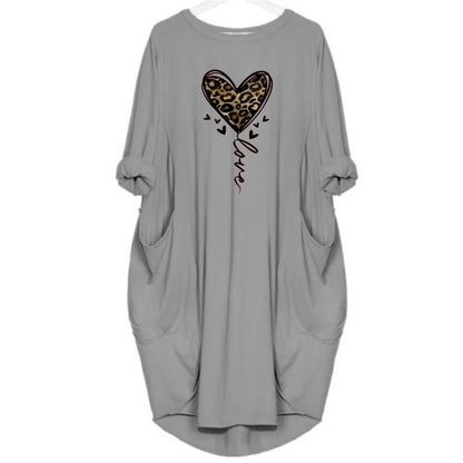 Women's spring and summer leopard print heart-shaped print casual and fashionable loose plus size long sleeved pocket dress