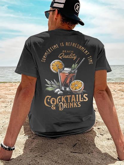 COCKTAILS DRINKS Printed T-shirt Men Summer Beach Short Sleeved Tops Unisex Casual Loose T Shirts Street Men's Cotton Tees