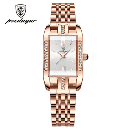 POEDAGAR Women Watch Fashion Luxury Diamond Green Dial Square Quartz Watches Stainless Steel Waterproof Ladies Wristwatch Gift