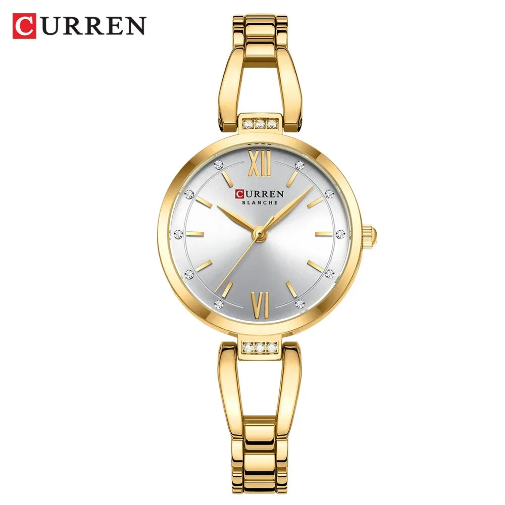 CURREN Luxury Elegance Ladies Watch with Sparkling Rhinestones Simple Quartz Stainless Steel Bracelet Wristwatch