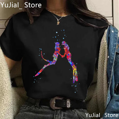 Watercolor Scuba Diving Lover Printed Sports Art Tee Shirt Femme Cute Summer Top Woman Clothes Ropa Mujer Custom Tshirt