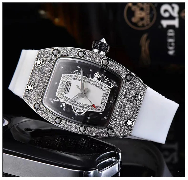 Manufacturer's spot supply, business fashion diamond-set, women's quartz watch red lip wine barrel-shaped watch