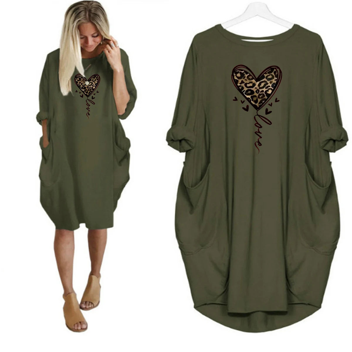 Women's spring and summer leopard print heart-shaped print casual and fashionable loose plus size long sleeved pocket dress