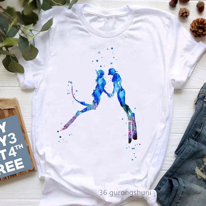 Watercolor Scuba Diving Lover Printed Sports Art Tee Shirt Femme Cute Summer Top Woman Clothes Ropa Mujer Custom Tshirt