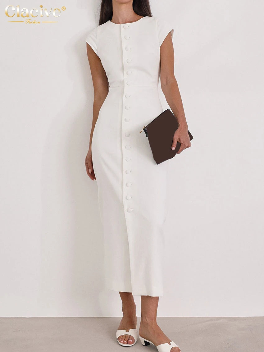 Clacive Summer Slim White Women's Dress 2025 Fashion O-Neck Sleeveless Ankle Length Dresses Elegant Classic Solid Female Dress