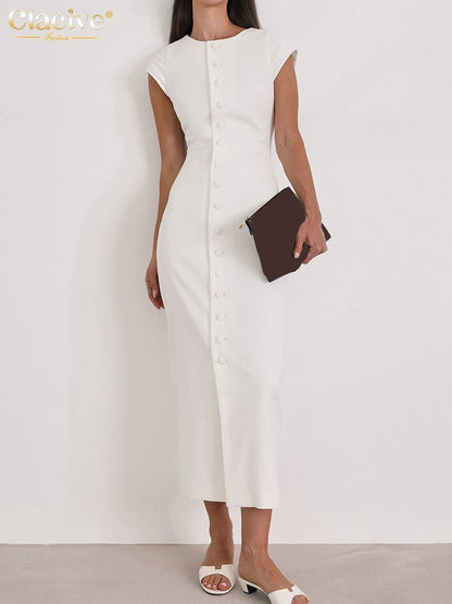 Clacive Summer Slim White Women's Dress 2025 Fashion O-Neck Sleeveless Ankle Length Dresses Elegant Classic Solid Female Dress