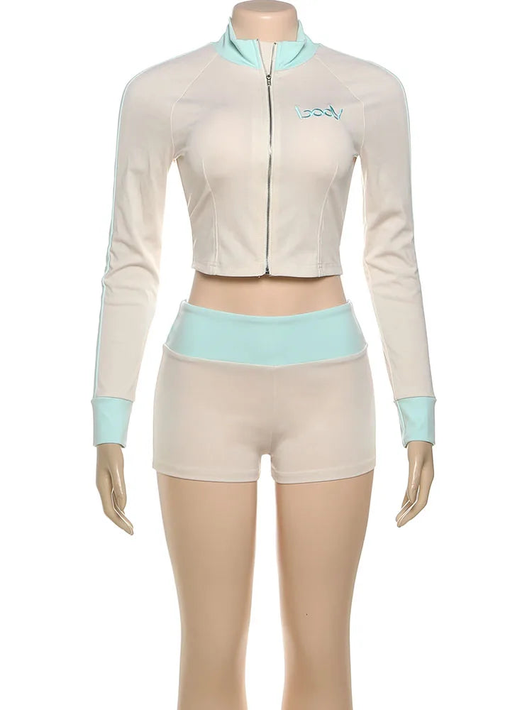 Weird Puss Casual Women 2Piece Set Letter Embroidery Zip Crop Jacket+Widewaist Shorts Matching Streetwear Stretch Sporty Outfits