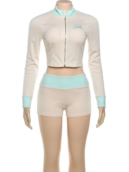 Weird Puss Casual Women 2Piece Set Letter Embroidery Zip Crop Jacket+Widewaist Shorts Matching Streetwear Stretch Sporty Outfits