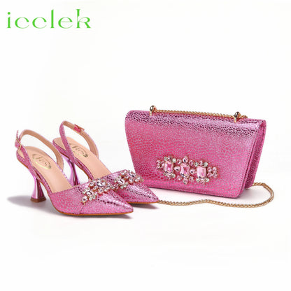New Arrivals Special Design Pink Color African Women Shoes and Bag Set Pointed Toe Sandals for Wedding Party