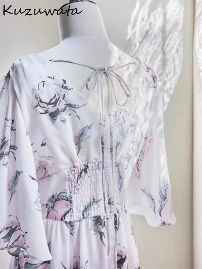 Kuzuwata Elegant V Neck Raglan Sleeve Rose Print Robe Lace Up High Waist Ruched Casual Mujer Japan New Slim Fit Sweet Dresses