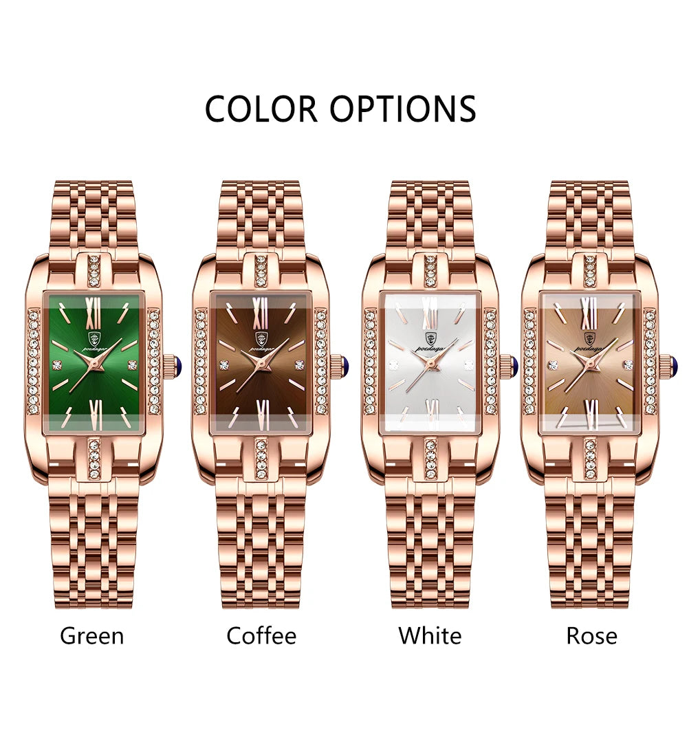 POEDAGAR Women Watch Fashion Luxury Diamond Green Dial Square Quartz Watches Stainless Steel Waterproof Ladies Wristwatch Gift