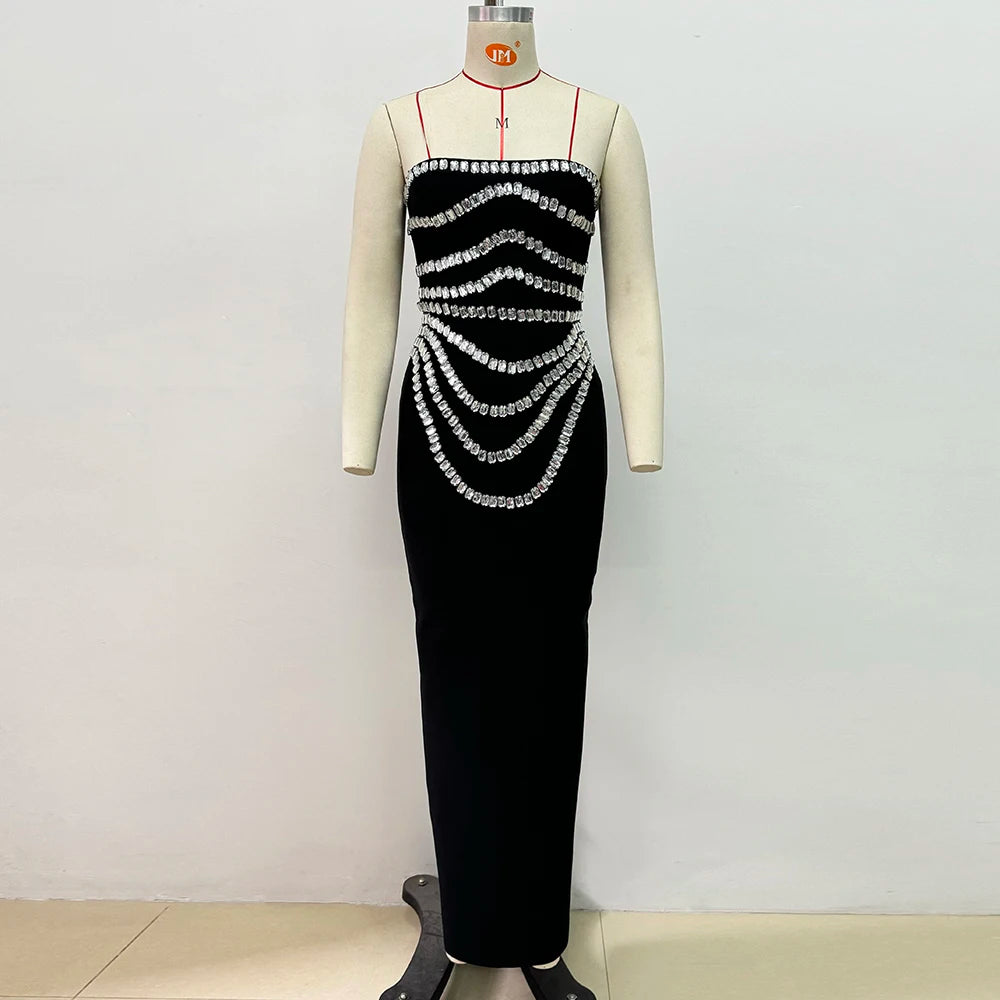 VC Black Strapless Long Dress Diamonds Embellished Bodycon Bandage Prom Celebrity Party Evening Gowns Dropshipping