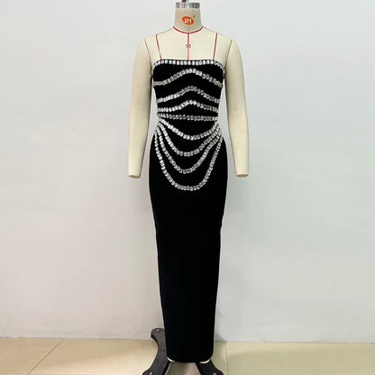 VC Black Strapless Long Dress Diamonds Embellished Bodycon Bandage Prom Celebrity Party Evening Gowns Dropshipping