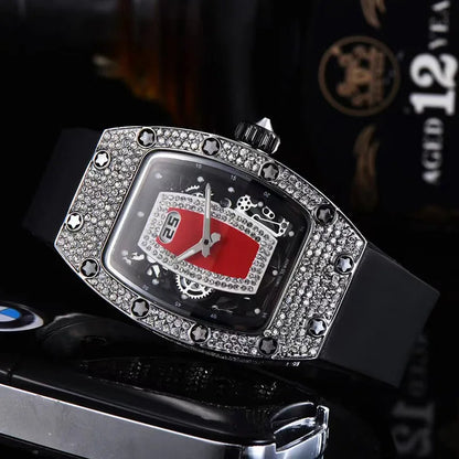 Manufacturer's spot supply, business fashion diamond-set, women's quartz watch red lip wine barrel-shaped watch