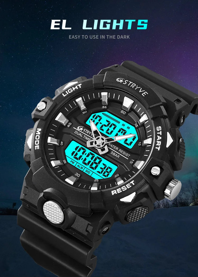 STRYVE Top Brand Electronic Watch For Men Outdoor Sports Waterproof Dual Time Display Quartz Wristwatches Rubber reloj hombre