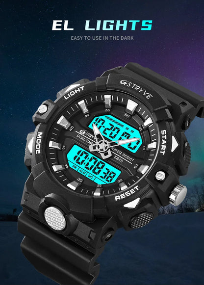 STRYVE Top Brand Electronic Watch For Men Outdoor Sports Waterproof Dual Time Display Quartz Wristwatches Rubber reloj hombre