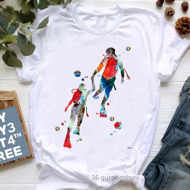 Watercolor Scuba Diving Lover Printed Sports Art Tee Shirt Femme Cute Summer Top Woman Clothes Ropa Mujer Custom Tshirt