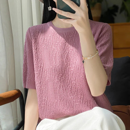 Women's T-shirt Summer Worsted Wool Sweater Short Sleeve Casual Solid Color Ladies' Clothes Round Neck Tops Loose Blouse