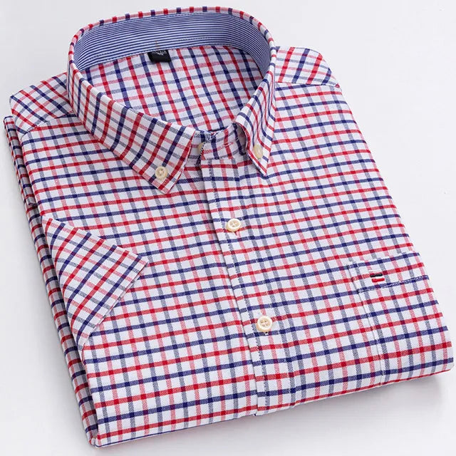 Men's Oxford Short Sleeve Square Collar Soild Plaid Striped Summer Casual Shirts Single Pocket Comfortable Cotton Shirt