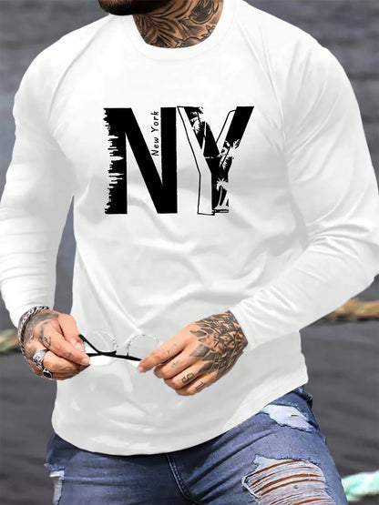 Men's 100% pure cotton loose fit plus size casual sports New York NY letter printed round neck long sleeved T-shirt top