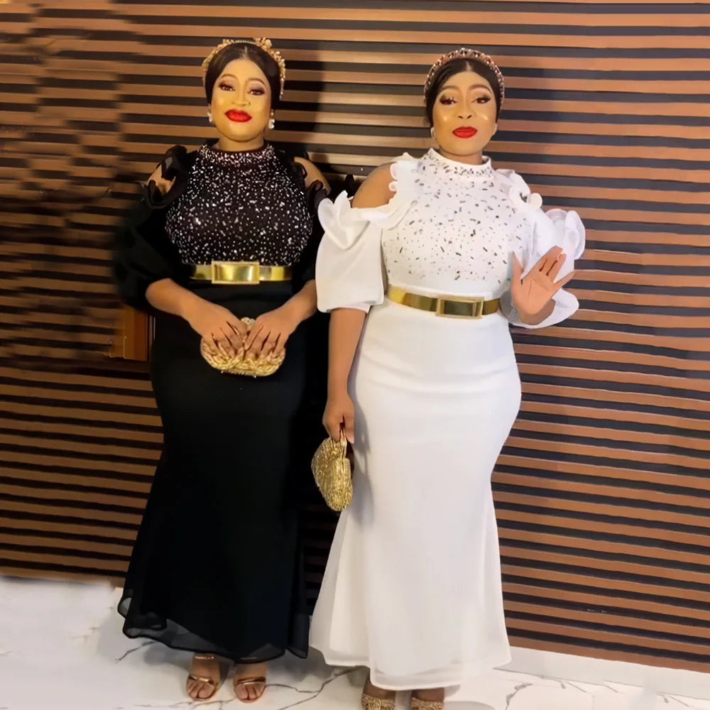 African American evening dress gauze off-the-shoulder belt diamond African mom dress