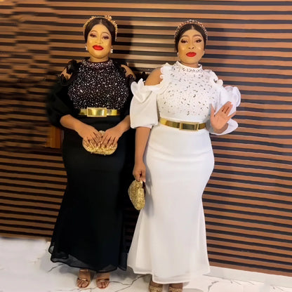 African American evening dress gauze off-the-shoulder belt diamond African mom dress