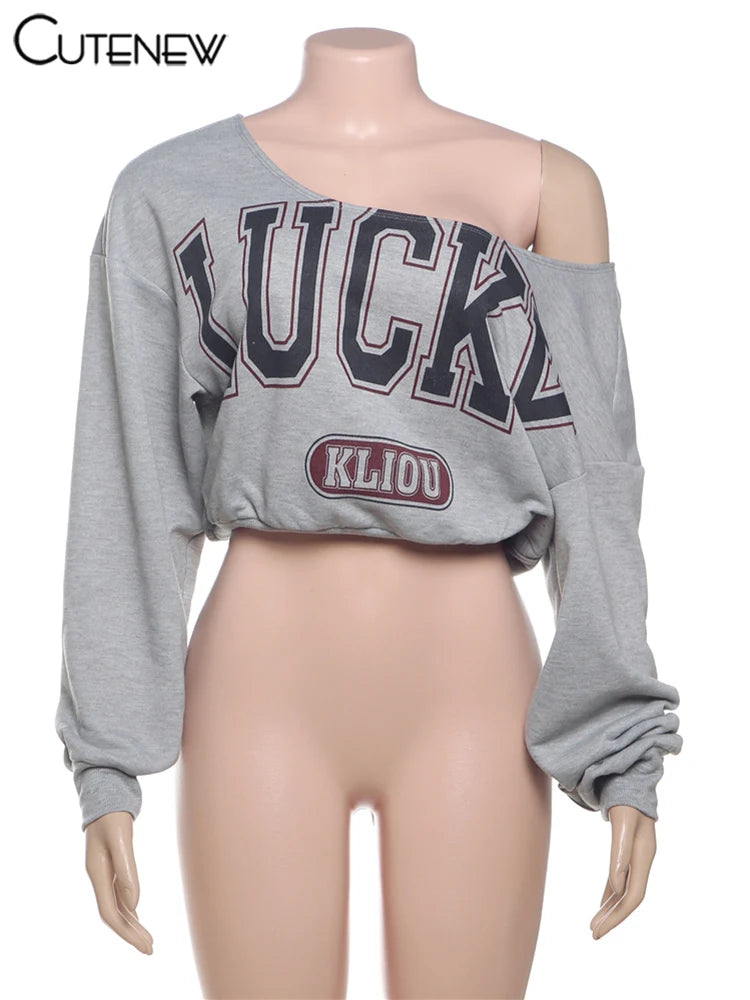 Cutenew Letter Print Women Sweatshirts Casual Incline Shoulder Full Sleeve Loose Tops Track Daily Female Streetwear New Clothing