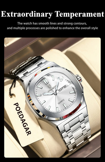 POEDAGAR Trendy Square Men's Watches Waterproof Luminous Date Week Man Clock Stainless Steel Exquisite Quartz Men Wristwatch+Box