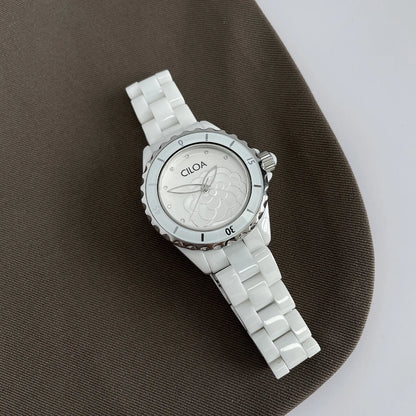 Camellia watch 2025 new women's white ceramic light luxury women's small fragrance style women's watch