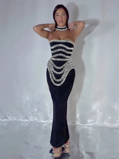 VC Black Strapless Long Dress Diamonds Embellished Bodycon Bandage Prom Celebrity Party Evening Gowns Dropshipping