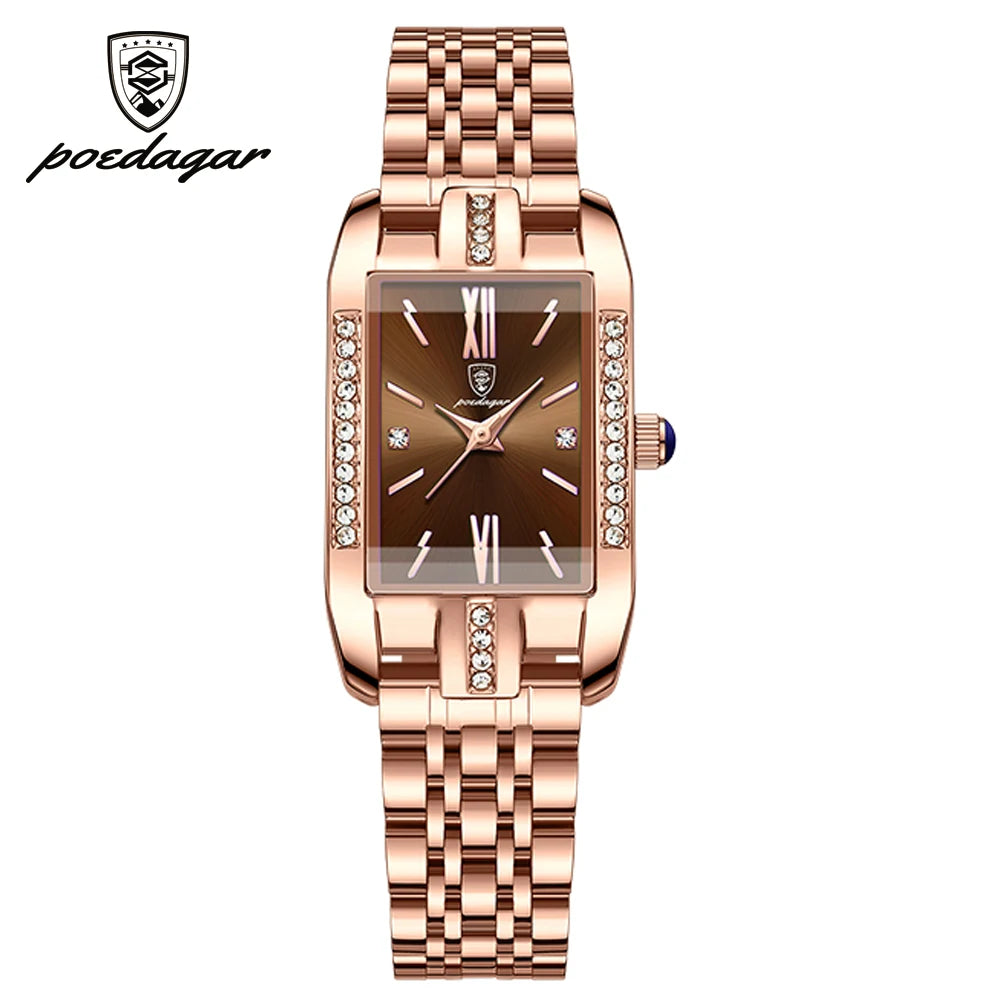 POEDAGAR Women Watch Fashion Luxury Diamond Green Dial Square Quartz Watches Stainless Steel Waterproof Ladies Wristwatch Gift