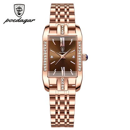 POEDAGAR Women Watch Fashion Luxury Diamond Green Dial Square Quartz Watches Stainless Steel Waterproof Ladies Wristwatch Gift
