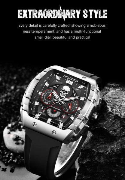 LIGE Men Watch Fashion Business Silicone Waterproof Watches for Men Military Sport Square Quartz Chronograph Relogios Masculino