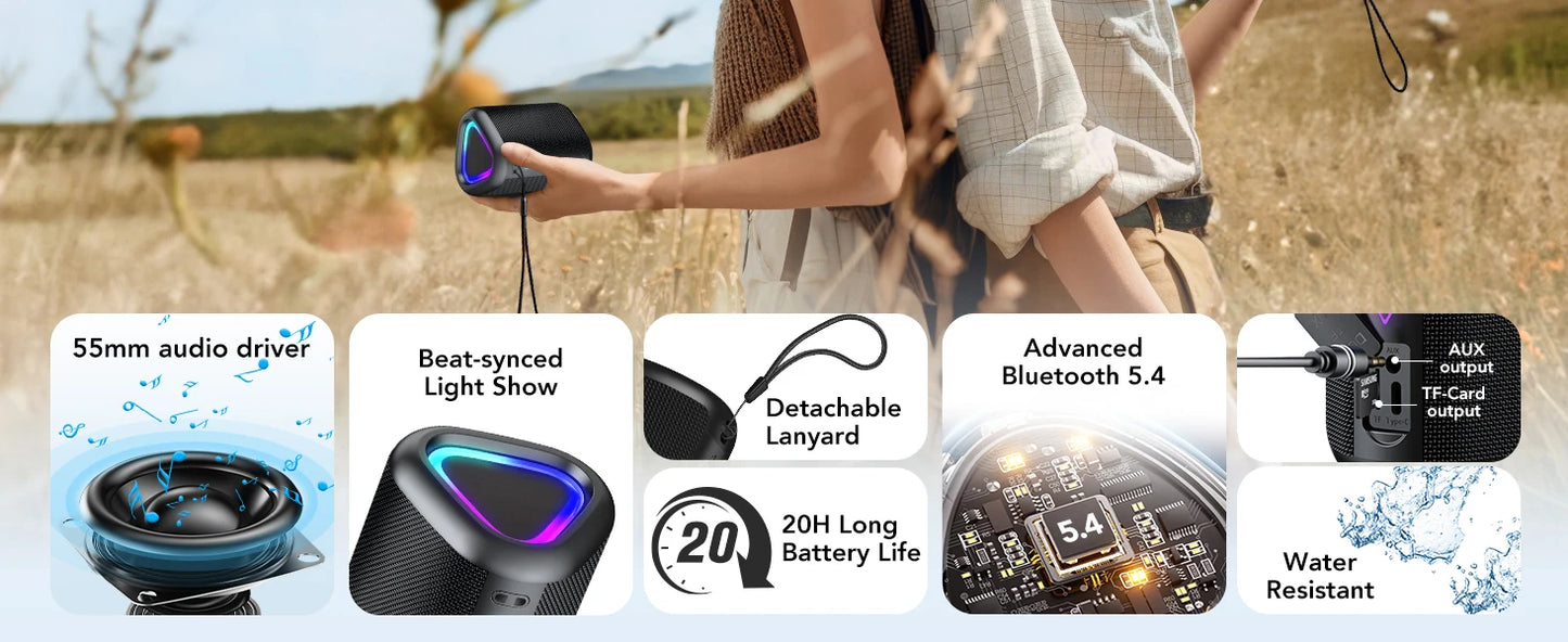 Bluetooth Speaker, 2025 Portable Wireless Speakers with Led Light, Bluetooth 5.4, 24H Playtime, Enhanced Bass, IPX7 Waterproof
