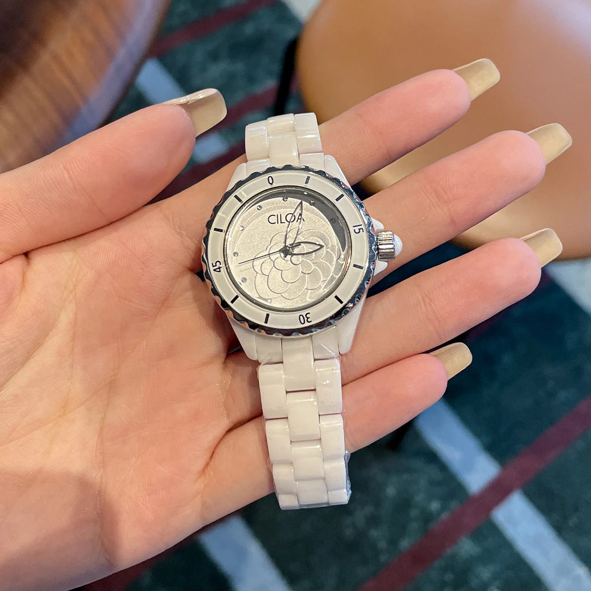 Camellia watch 2025 new women's white ceramic light luxury women's small fragrance style women's watch