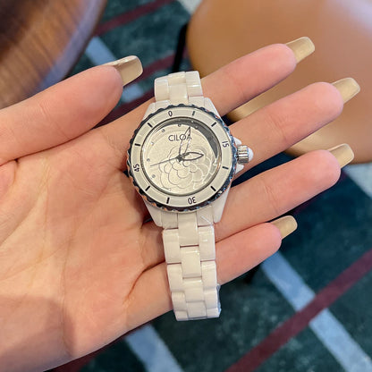 Camellia watch 2025 new women's white ceramic light luxury women's small fragrance style women's watch